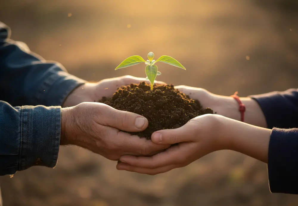 Dos generaciones sosteniendo juntas una planta