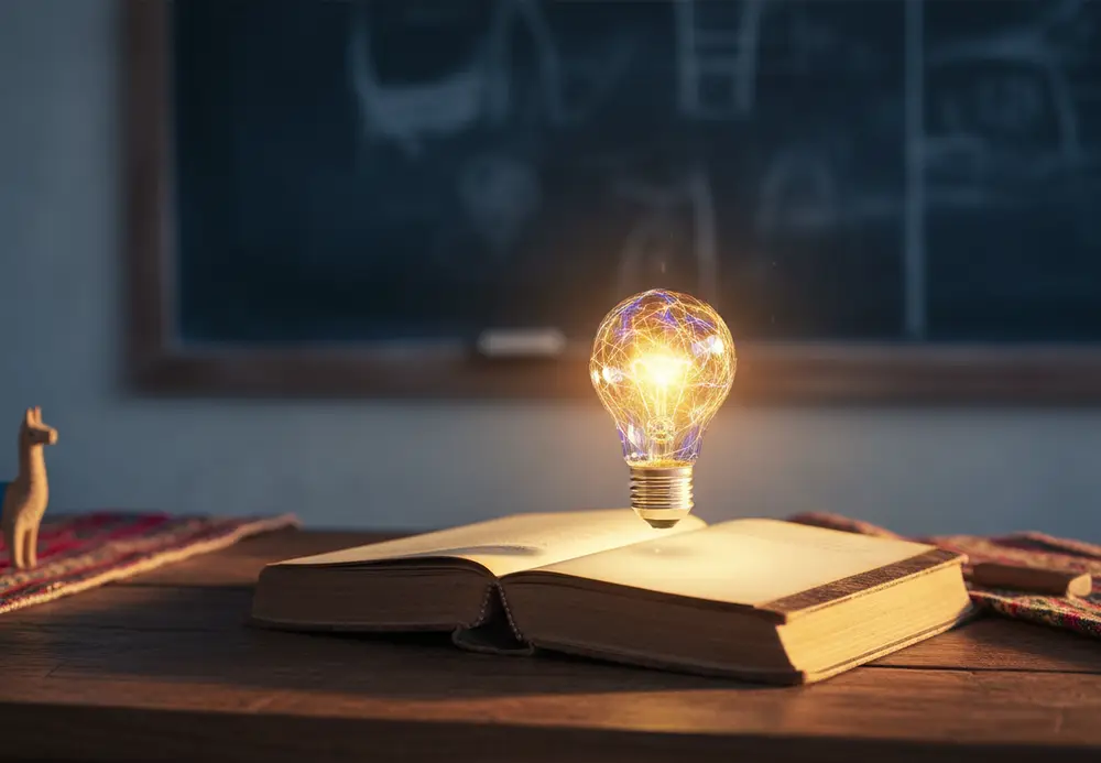 Libro abierto con una luz que se eleva