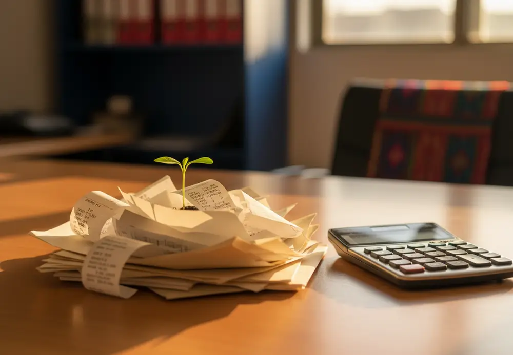 Brote que crece sobre documentos junto a una calculadora