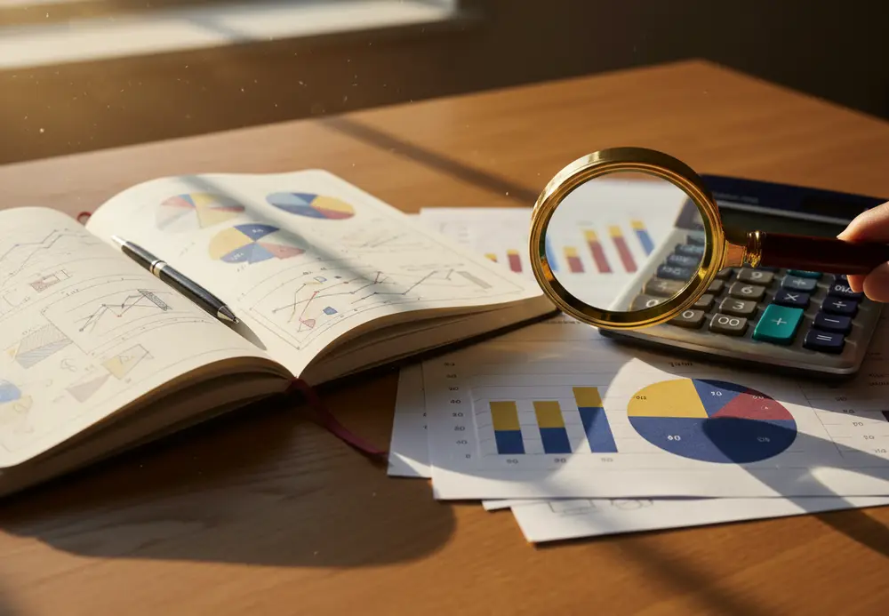 Cuaderno con gráficos e investigación de mercado