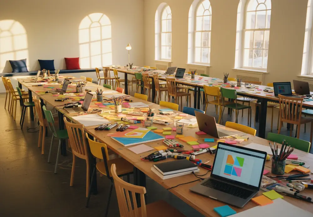 Sala de taller con notas adhesivas y laptops