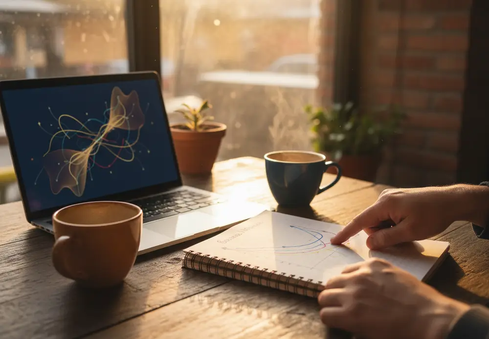 Mentor señalando un plan de crecimiento en un cuaderno